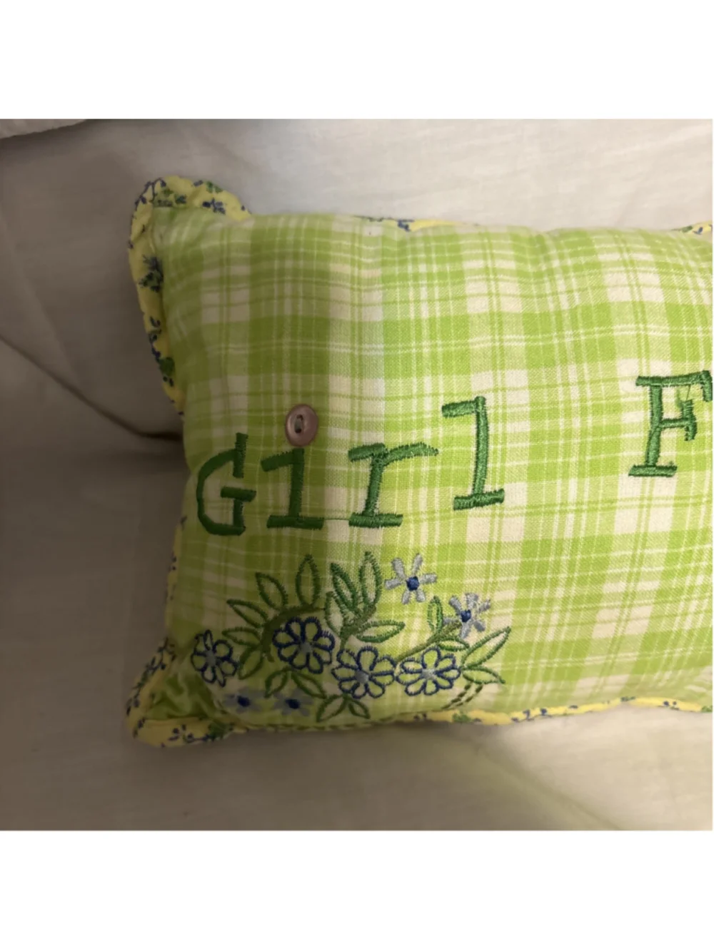 April Cornell Sweet Floral Green Plaid 12”x8” Pillow. Says “Girl Friend” On It.